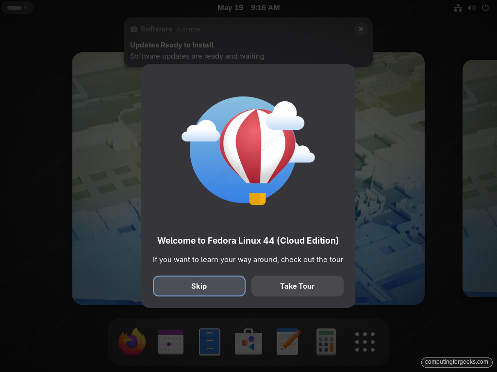 Fedora 44 Workstation first boot welcome dialog GNOME 50