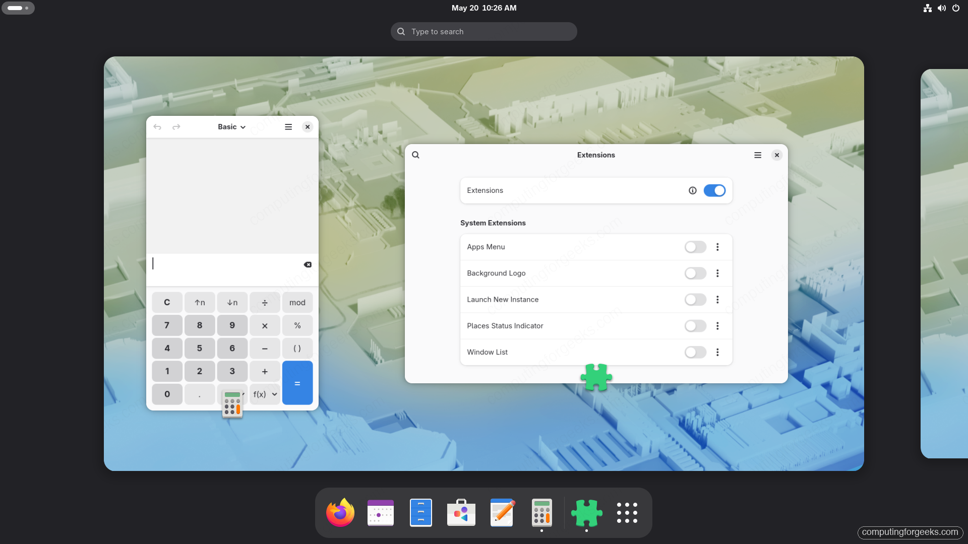 GNOME Extensions manager app showing System Extensions on Fedora 44