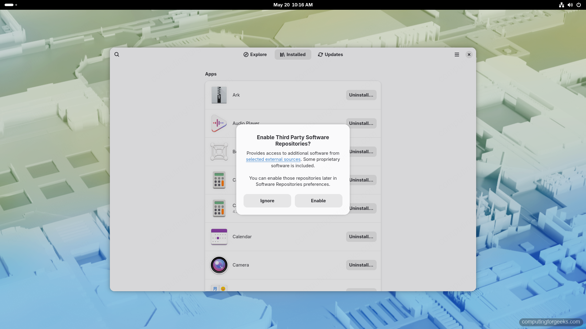 GNOME Software Installed tab showing apps on Fedora 44