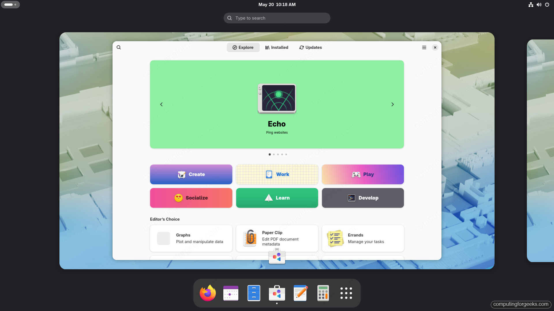 GNOME Software Explore page with Flathub category tiles on Fedora 44