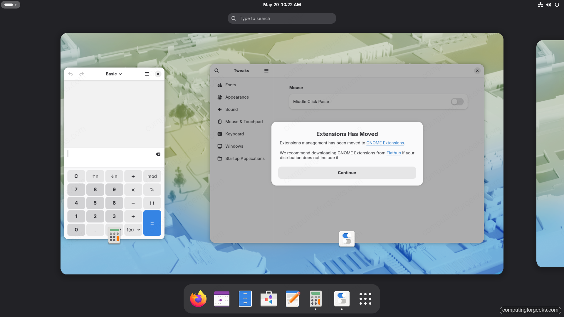 GNOME Tweaks main window with categories on Fedora 44 Workstation