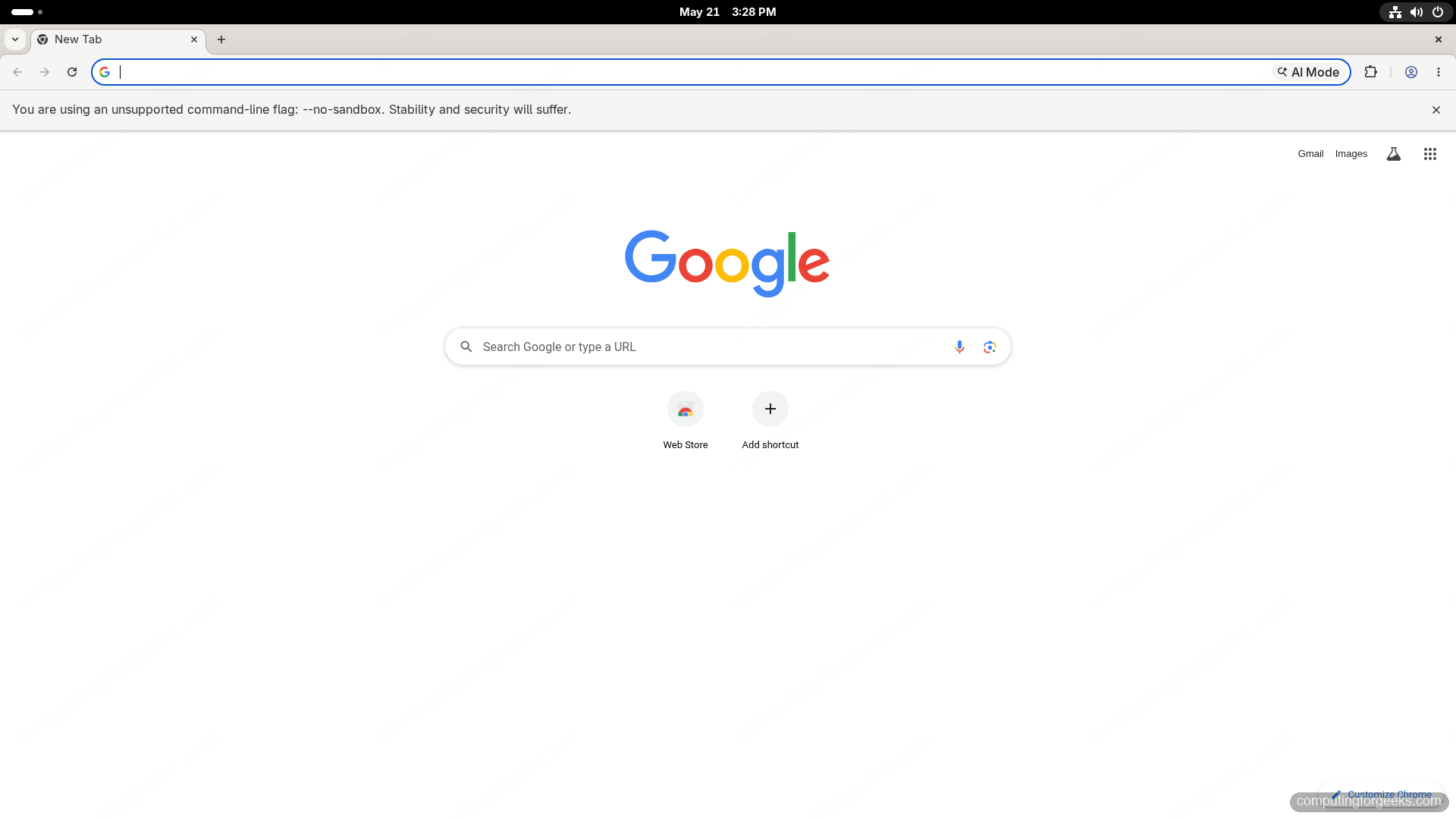 Google Chrome 148.0.7778 stable channel running on Fedora 44 GNOME 50 showing the new tab page