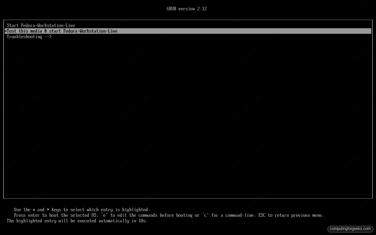 Fedora 44 GRUB boot menu with three options
