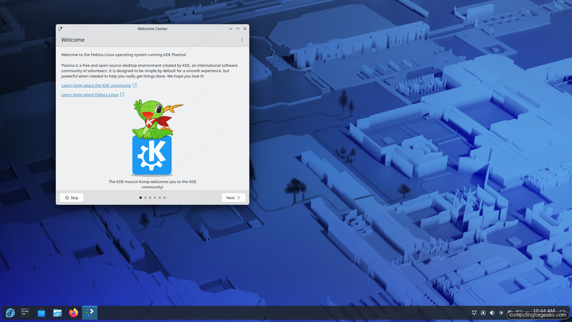 KDE Plasma 6.6 desktop with Welcome Center on Fedora 44 Workstation