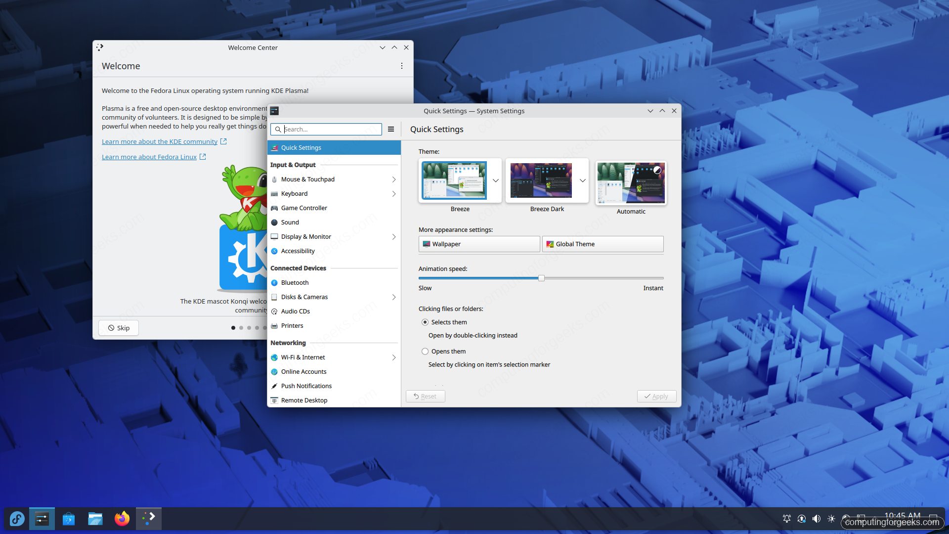 KDE System Settings Quick Settings panel with Breeze themes on Fedora 44