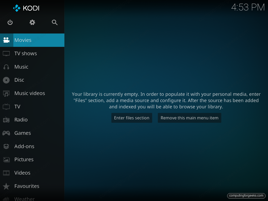 Kodi 21.3 Media Center home screen on Fedora 44 with the Estuary skin and the empty-library prompt asking to enter the files section