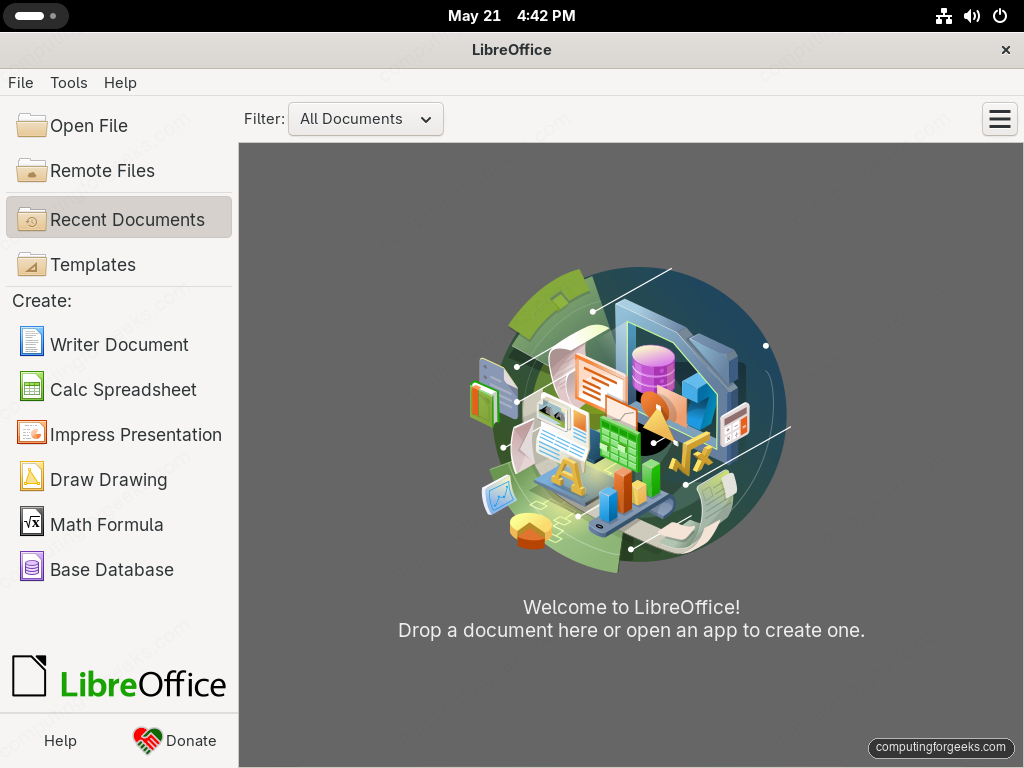 LibreOffice 26.2 Start Center on Fedora 44 showing all six modules Writer Calc Impress Draw Math and Base