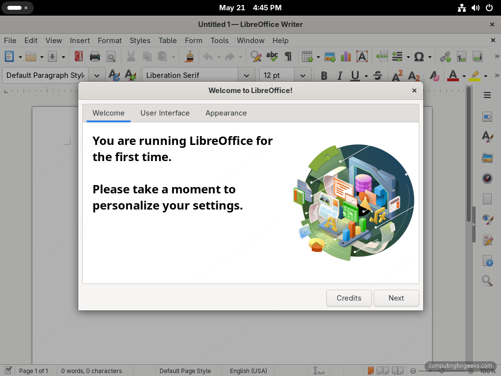 LibreOffice Writer 26.2 on Fedora 44 showing the first-launch personalization wizard for User Interface and Appearance