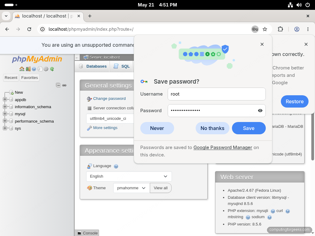 phpMyAdmin 5.2 dashboard on Fedora 44 with the database tree showing appdb and the system schemas plus the Apache PHP and MariaDB version panel