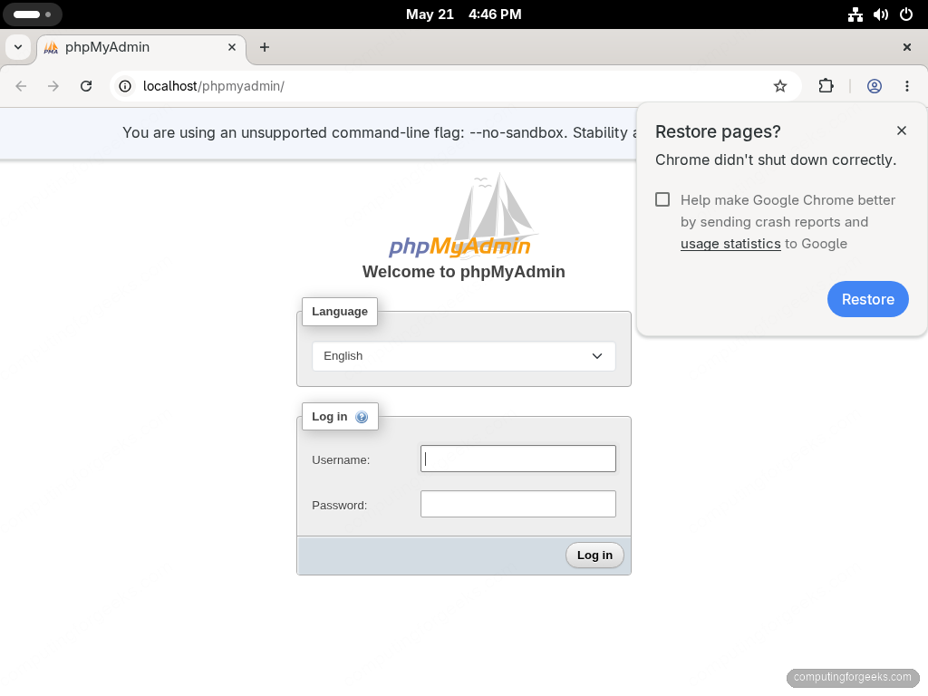 phpMyAdmin 5.2 login page served by Apache on Fedora 44 with language selector and root login form