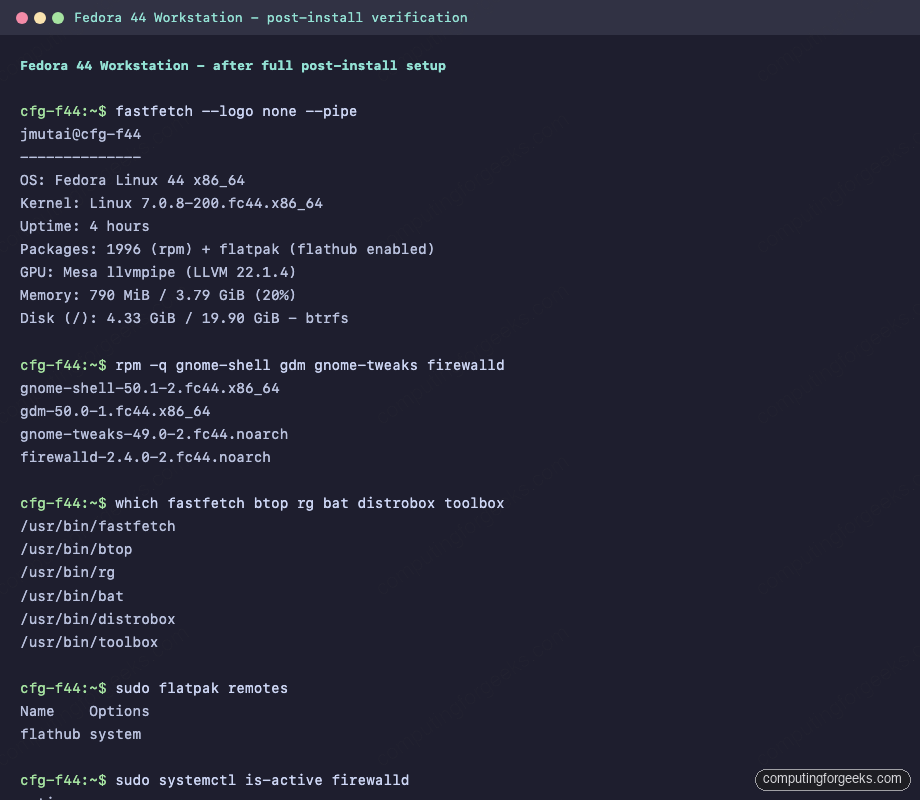 Fedora 44 Workstation post install fastfetch firewalld flatpak gnome-tweaks