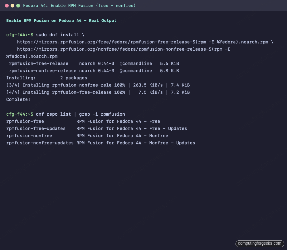 Fedora 44 dnf5 install RPM Fusion free nonfree release packages