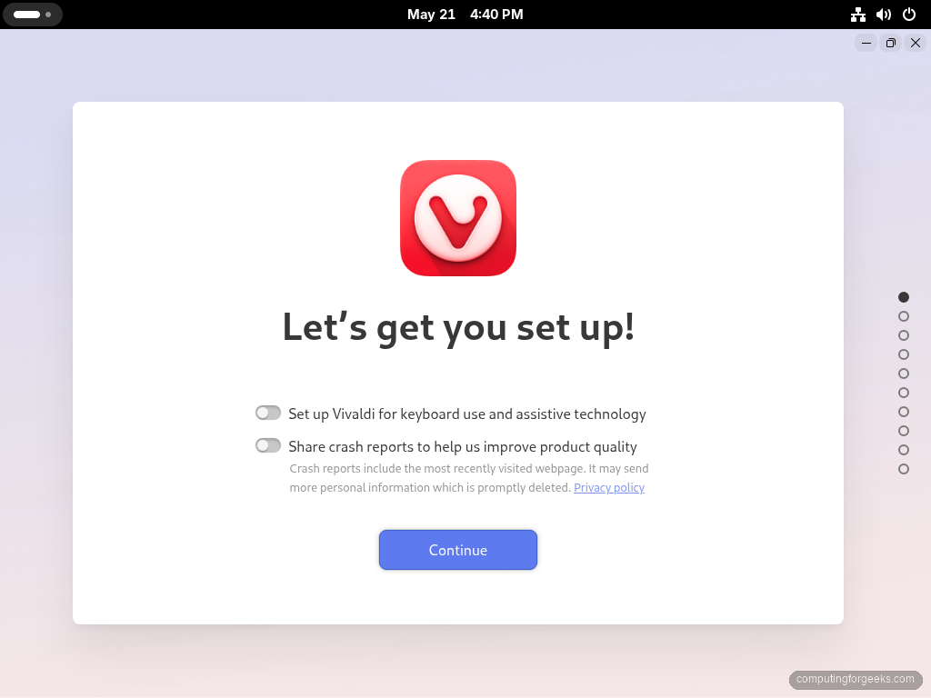 Vivaldi browser 8.0.4033 setup wizard on first launch on Fedora 44 GNOME 50 with accessibility and crash report toggles