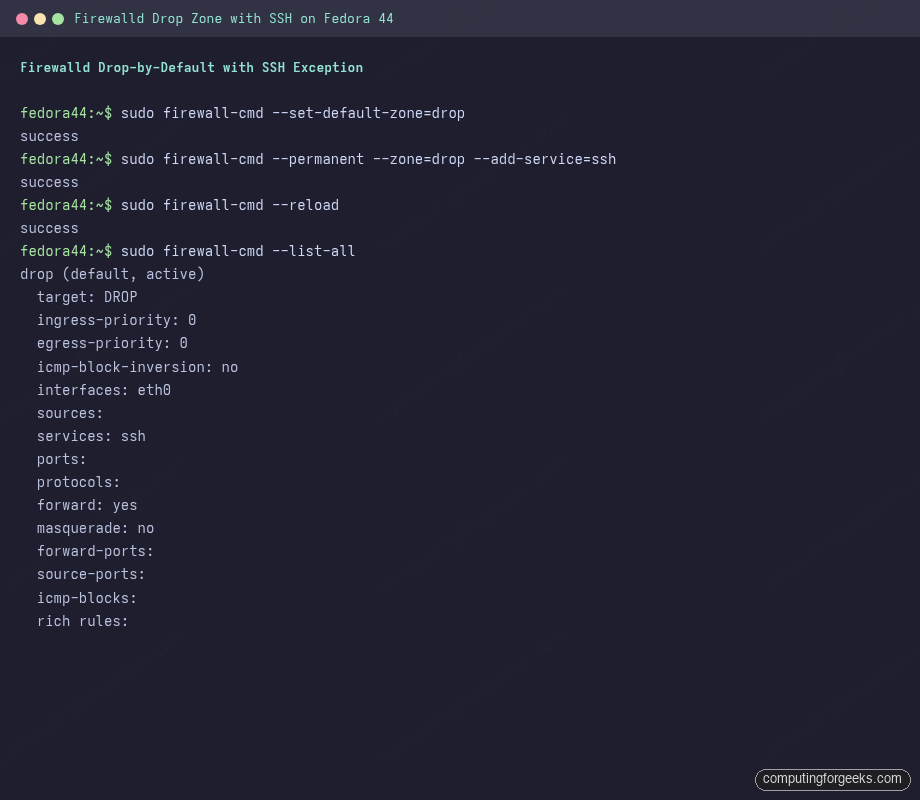 firewall-cmd set default zone to drop with SSH service allowed on Fedora 44