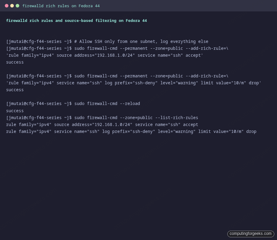 firewall-cmd rich rules accept ssh from subnet log drop other on Fedora 44