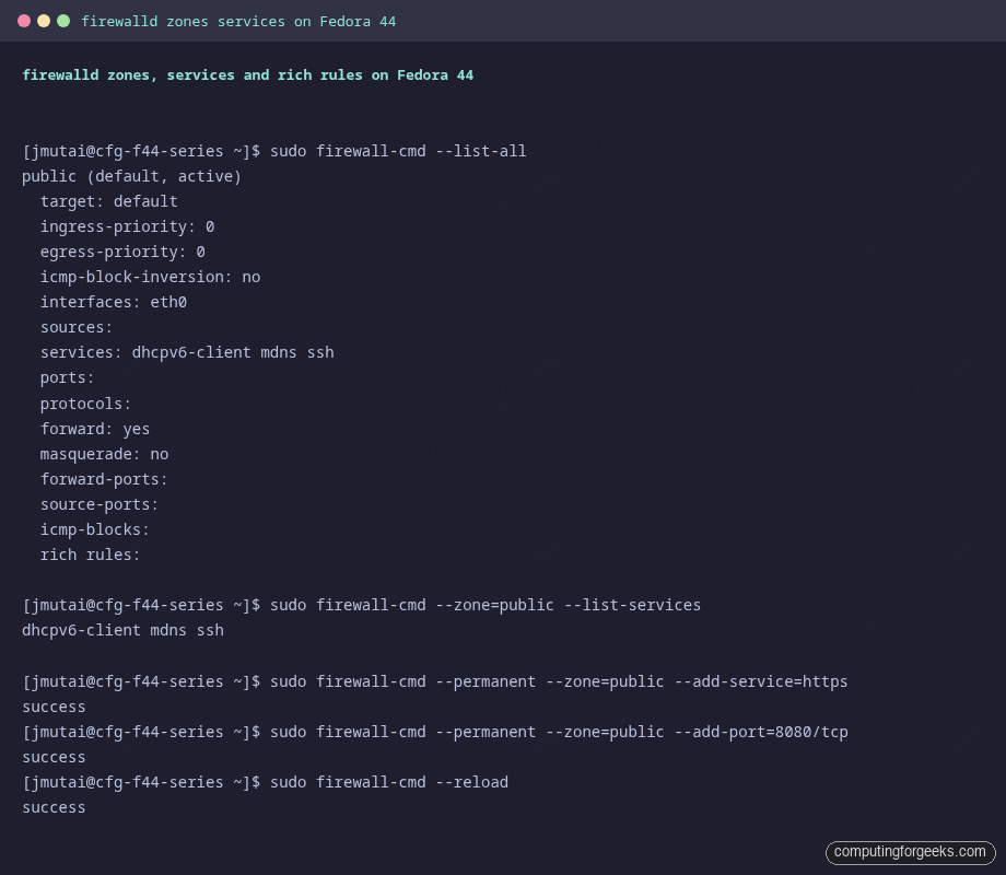 firewall-cmd list-all add-service add-port reload on Fedora 44