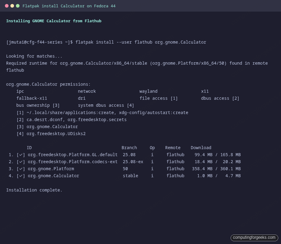 Installing GNOME Calculator Flatpak from Flathub on Fedora 44