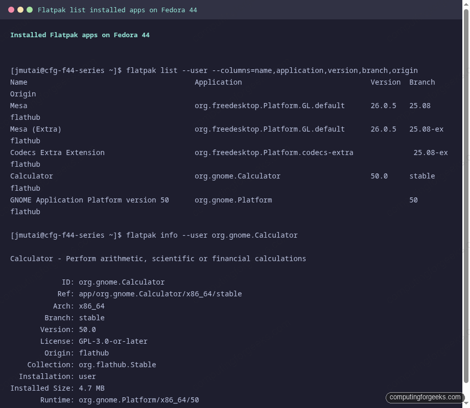 Flatpak list and info command output on Fedora 44
