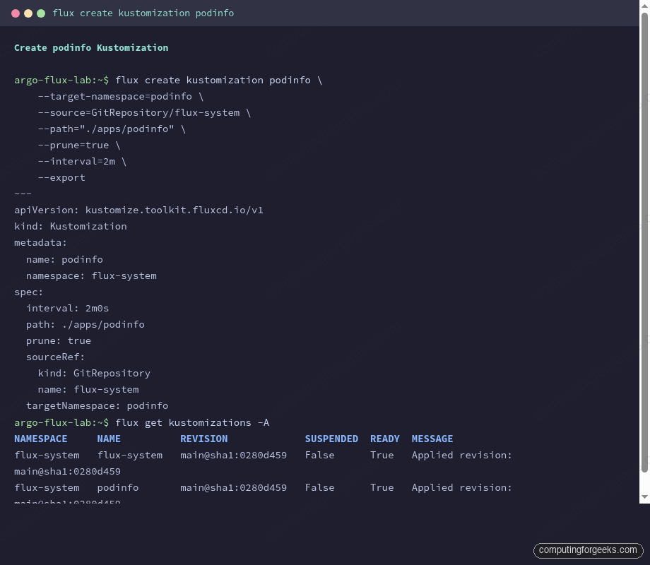 flux create kustomization podinfo --export output and flux get kustomizations -A