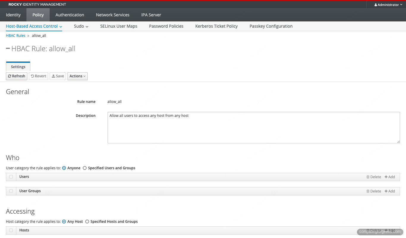 FreeIPA allow_all rule detail showing User, Host, and Service all set to category=all on Rocky Linux 10