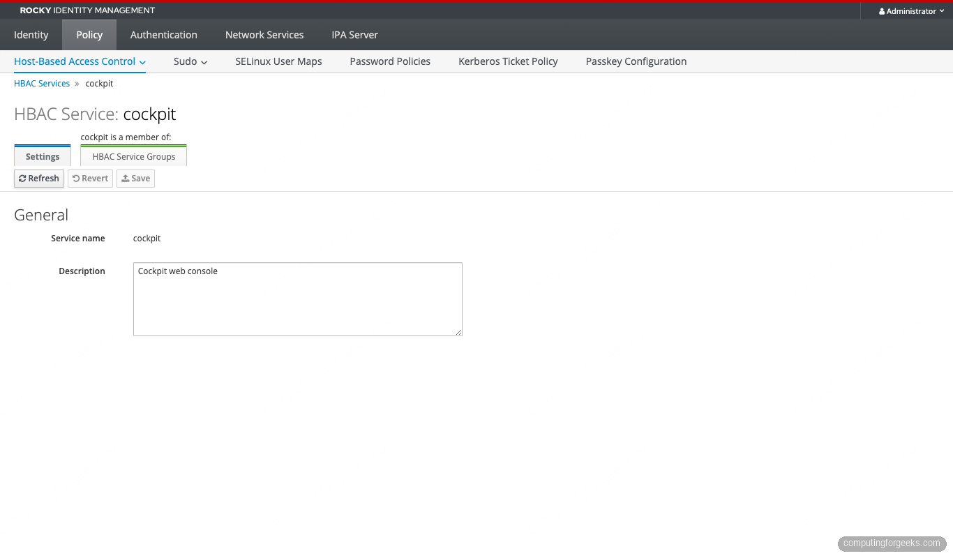 FreeIPA HBAC service cockpit detail in the IPA Web UI on Rocky Linux 10