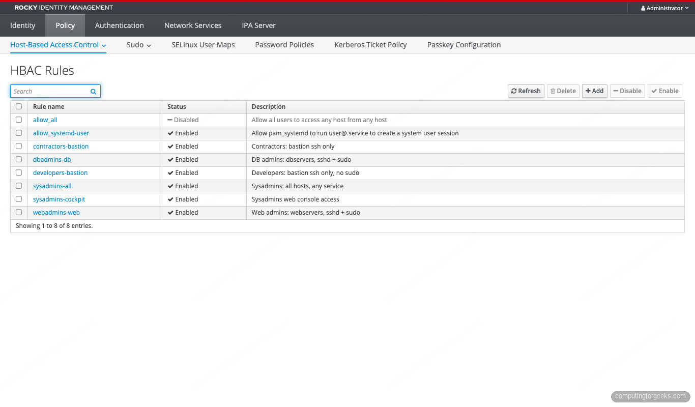 FreeIPA HBAC Rules list with allow_all enabled on Rocky Linux 10