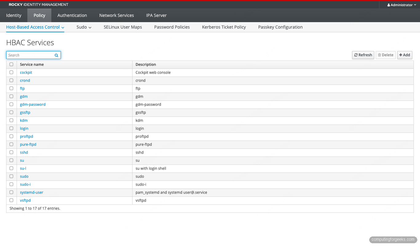 FreeIPA HBAC Services list including the custom cockpit service on Rocky Linux 10