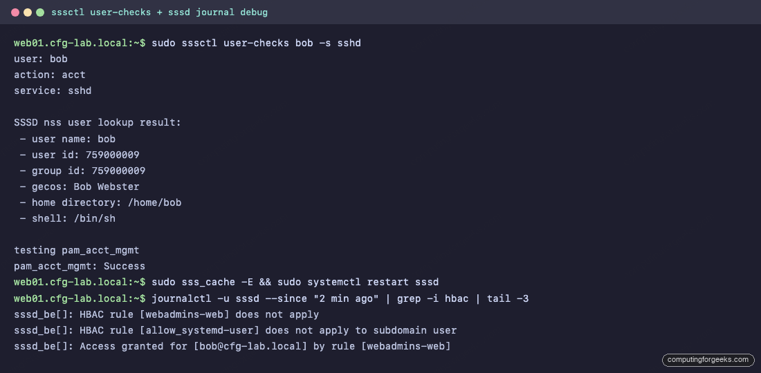 sssctl user-checks and SSSD journal output showing HBAC rule evaluation on Rocky Linux 10