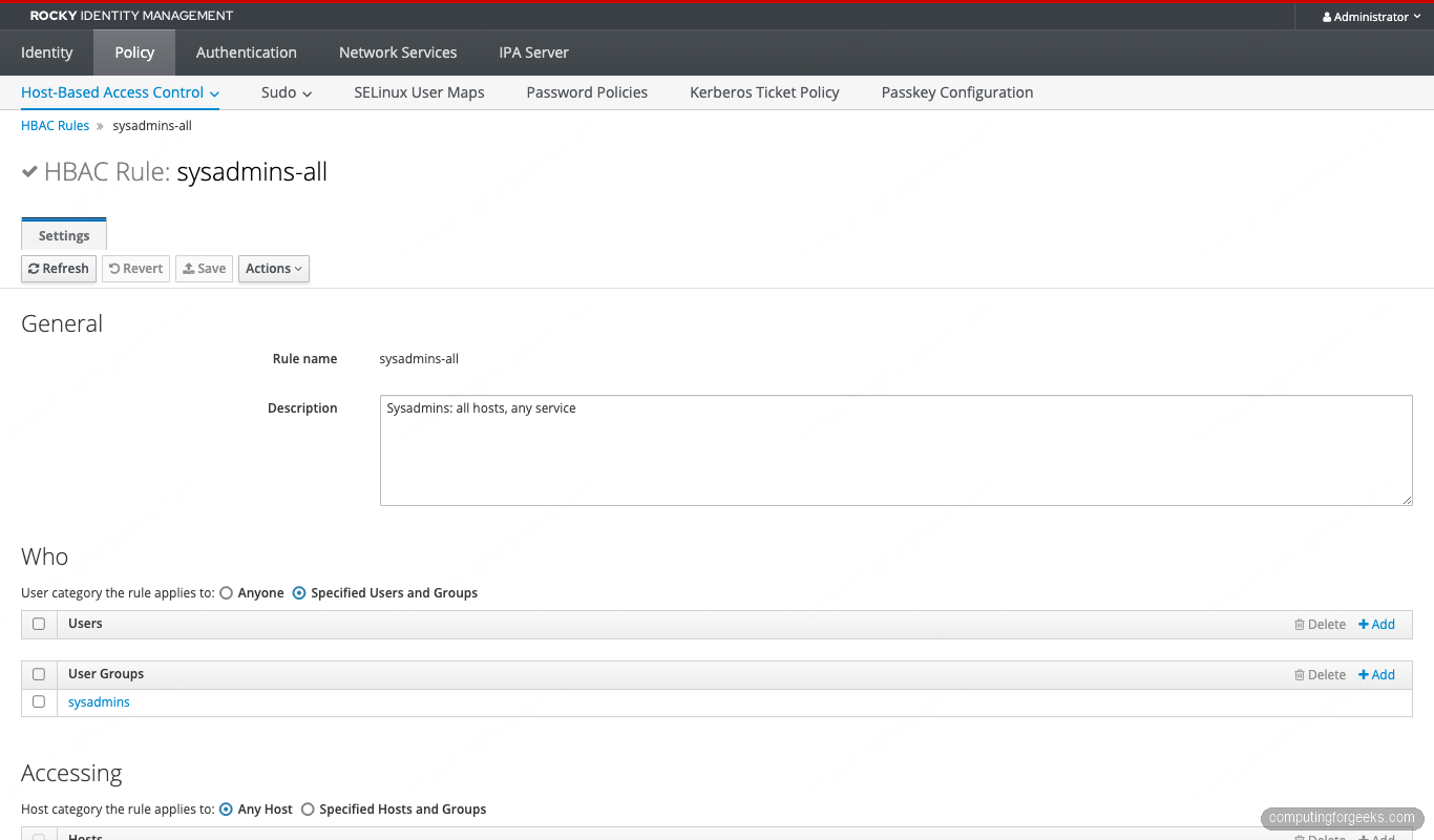 FreeIPA sysadmins-all HBAC rule detail with host category and service category set to all on Rocky Linux 10