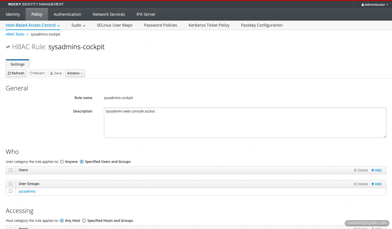 FreeIPA sysadmins-cockpit HBAC rule allowing sysadmins group to use the cockpit service on Rocky Linux 10
