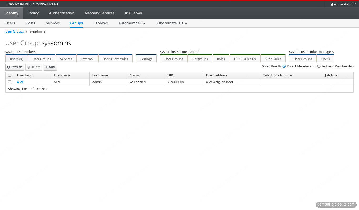 FreeIPA sysadmins group detail with member alice in IPA Web UI on Rocky Linux 10