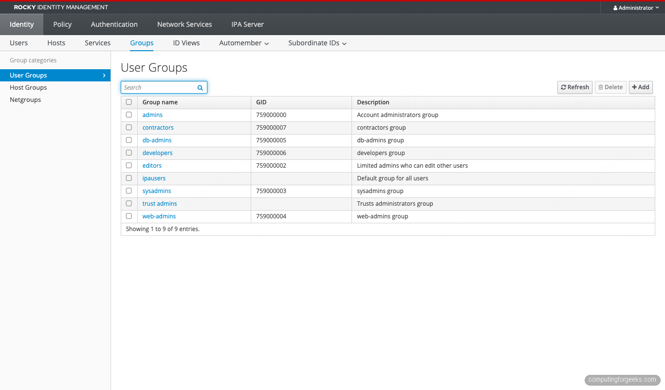FreeIPA user groups list showing sysadmins, web-admins, db-admins, developers, contractors on Rocky Linux 10