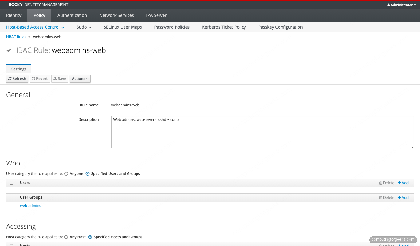 FreeIPA webadmins-web HBAC rule detail with web-admins user group, webservers host group, sshd and sudo services on Rocky Linux 10