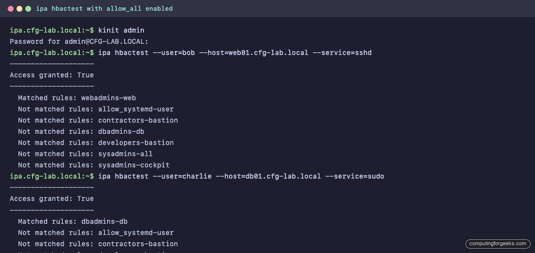 ipa hbactest output showing Access granted True with matched rules on Rocky Linux 10