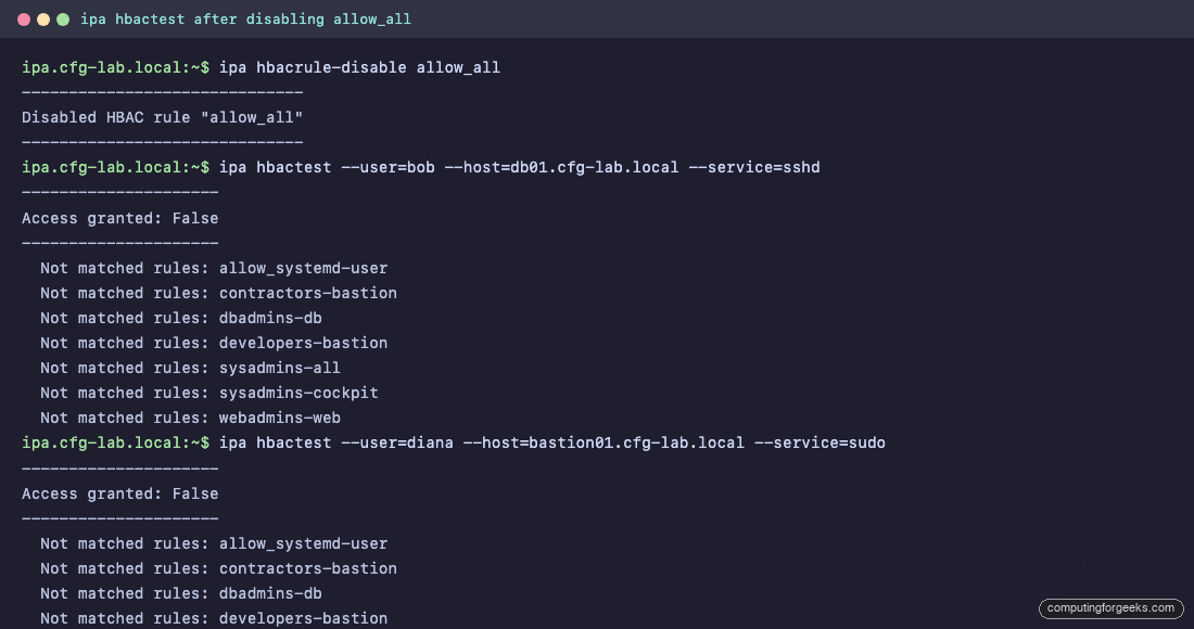 ipa hbactest showing Access granted False after disabling allow_all on Rocky Linux 10