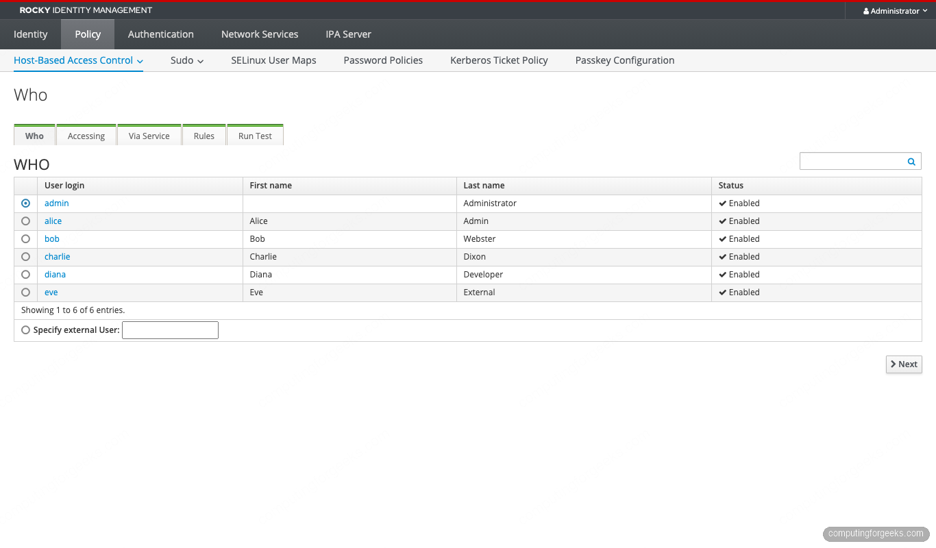 FreeIPA HBAC Test wizard in the IPA Web UI on Rocky Linux 10