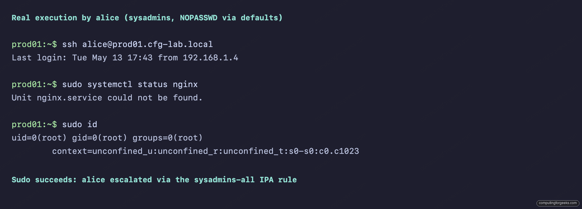alice executing sudo on prod01