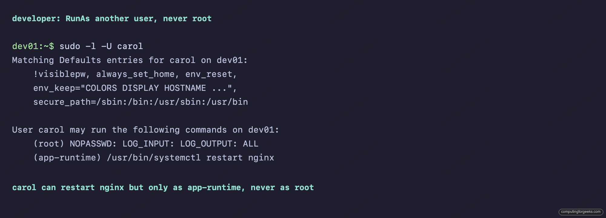 sudo -l for carol with RunAs on dev01