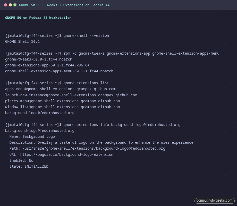 GNOME Shell 50 version Tweaks and extensions list on Fedora 44