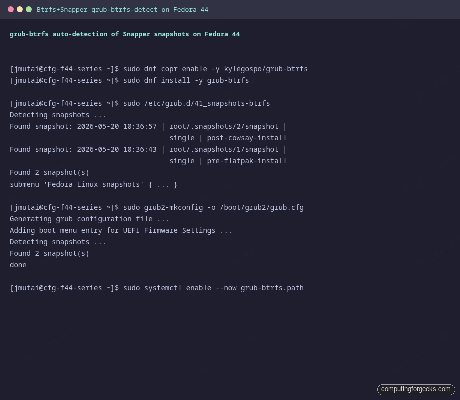 grub-btrfs detecting snapper snapshots and adding GRUB menu entries on Fedora 44