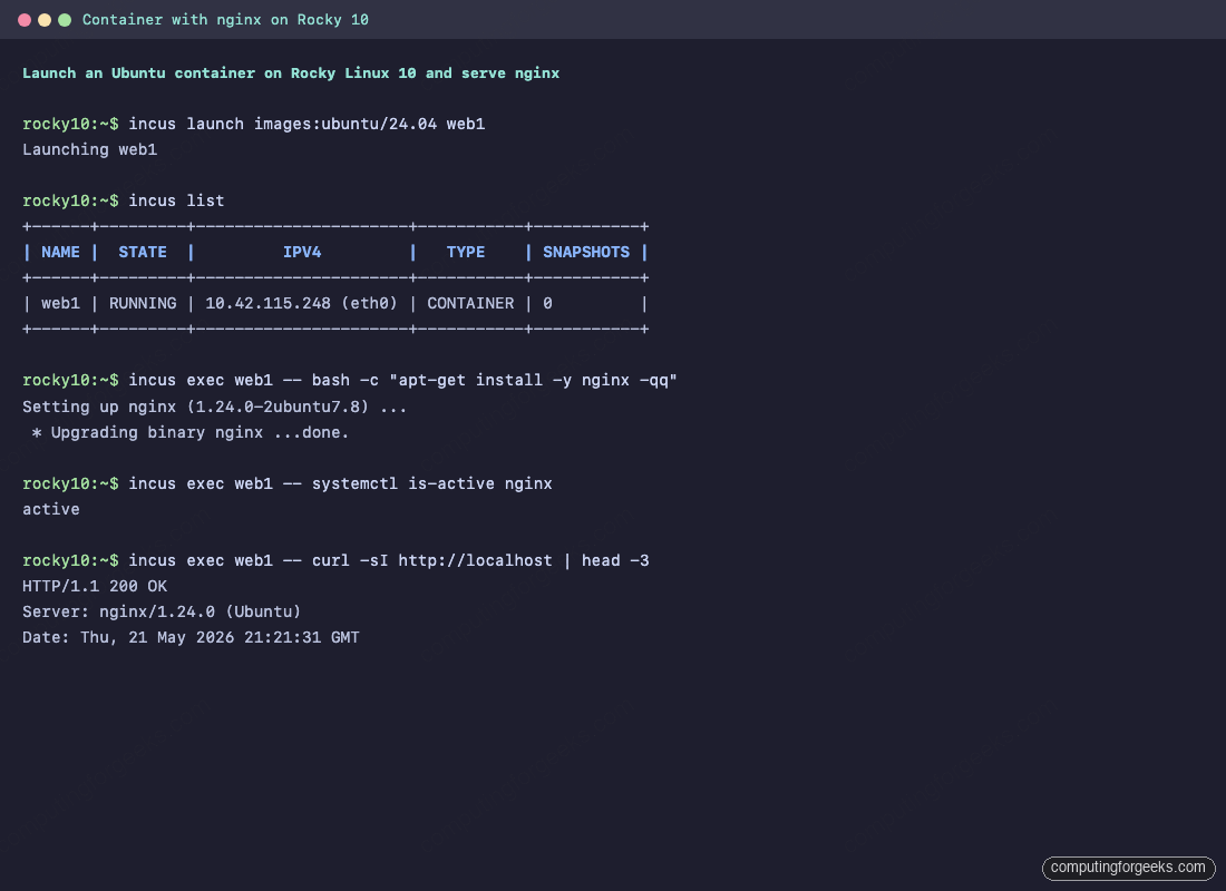 Install Incus on Rocky Linux 10 / 9 and AlmaLinux 4 Ubuntu container running nginx with HTTP 200 response on Incus Rocky Linux 10 host