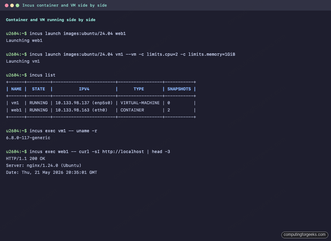 Incus container web1 and KVM virtual machine vm1 running side by side on Ubuntu 26.04