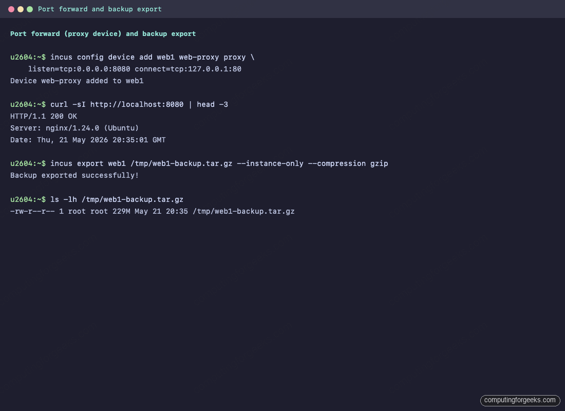 Incus port forward through proxy device and instance backup export to a tarball