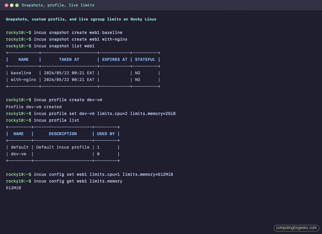 Install Incus on Rocky Linux 10 / 9 and AlmaLinux 5 Incus snapshot list, dev-vm profile, and live cgroup memory limit on Rocky Linux 10