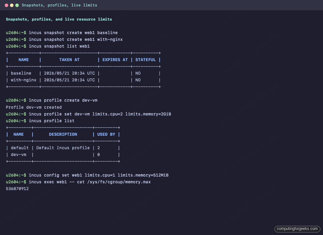 Incus snapshots, custom profile dev-vm, and live cgroup memory limit on web1