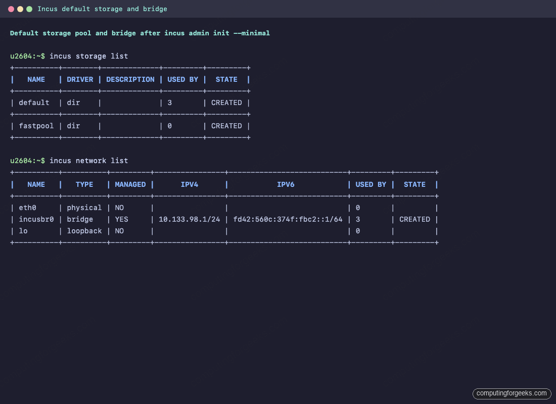 Default Incus storage pool and incusbr0 bridge after incus admin init minimal