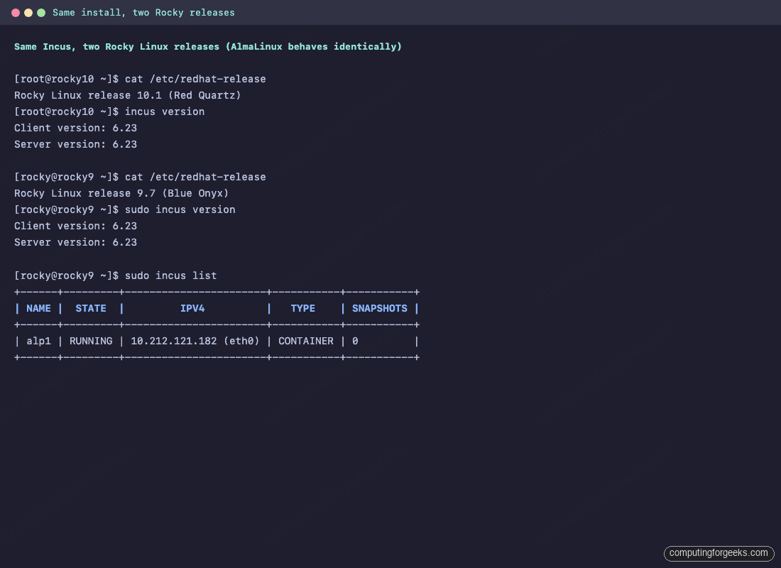 Install Incus on Rocky Linux 10 / 9 and AlmaLinux 1 incus version command output on Rocky Linux 10 and Rocky Linux 9 lab virtual machines