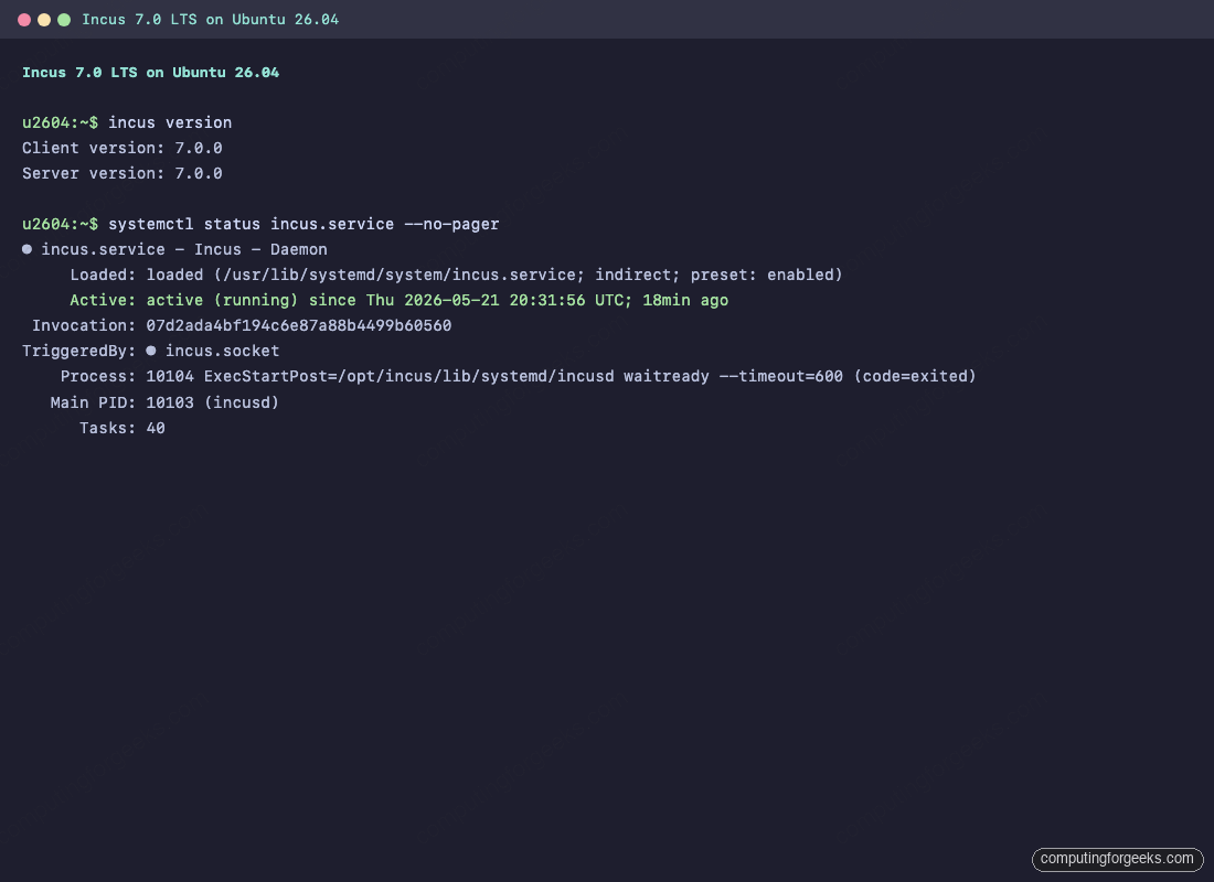 Incus 7.0 LTS version and systemd service status on Ubuntu 26.04