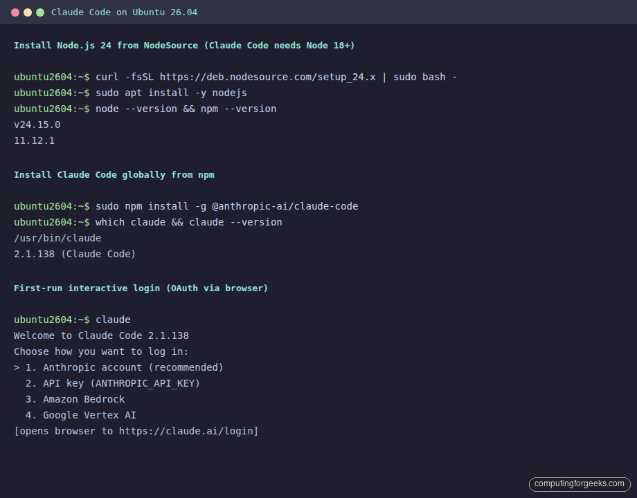 Install Claude Code CLI on Ubuntu 26.04 via npm