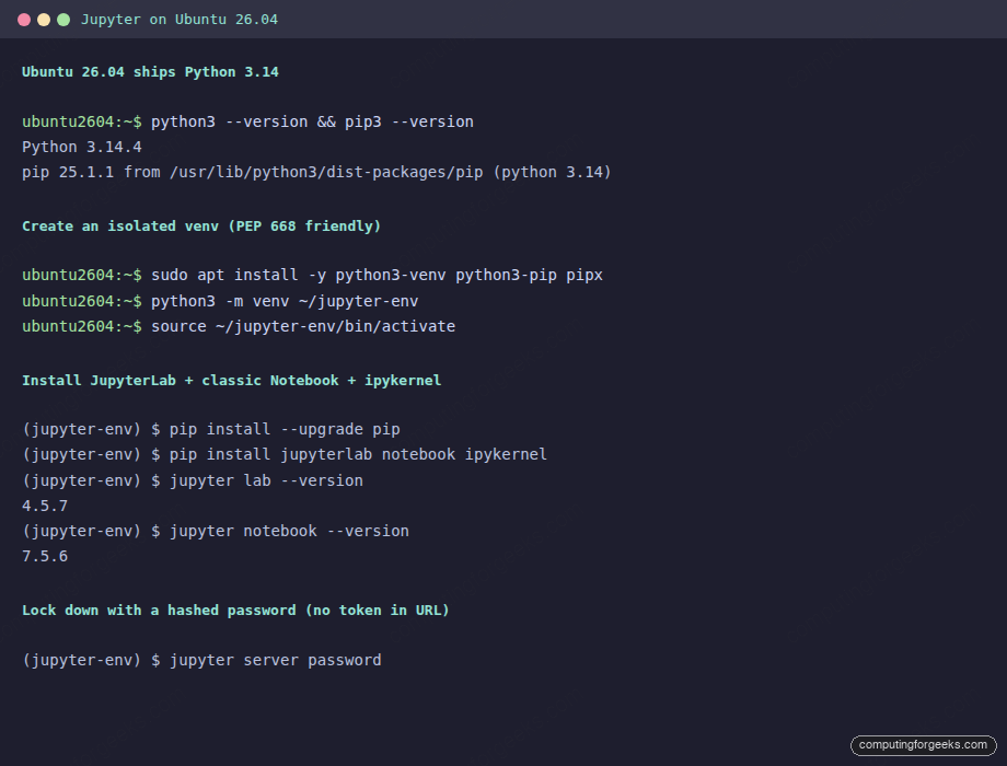 Install JupyterLab + Notebook in a Python venv on Ubuntu 26.04 LTS